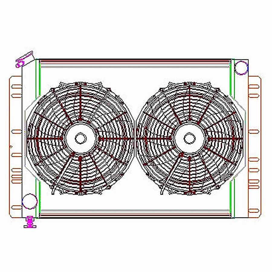 Radiator and Fan - Direct Fit - 26.5 in W x 18.688 in H x 7.188 in D - Passenger Side Inlet - Driver Side Outlet - Aluminum - Natural - Mopar - Kit