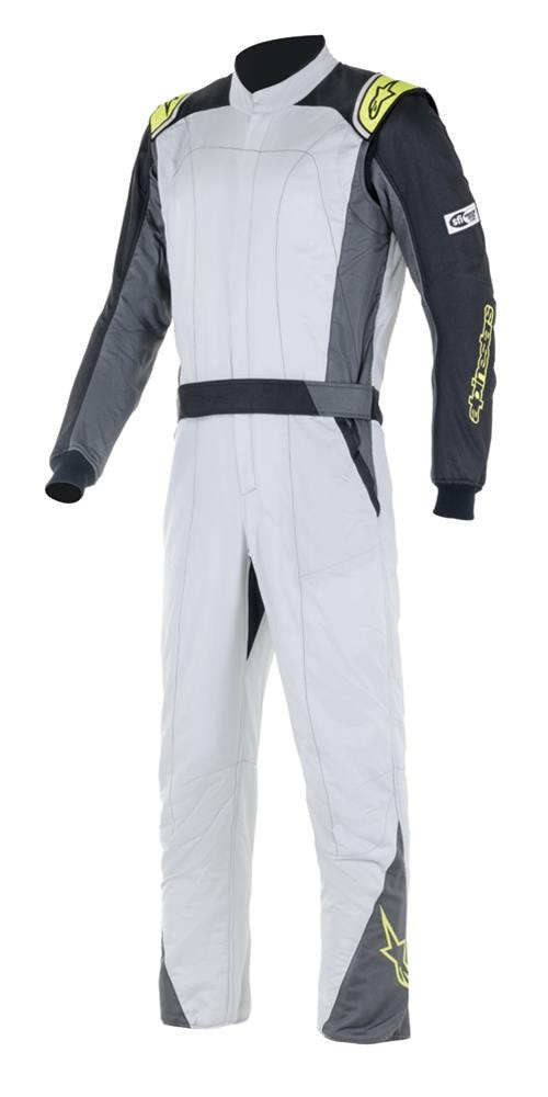 Driving Suit - Atom - 1-Piece - SFI 3.2A/5 - Boot-Cut - Dual Layer - Fire Retardant Fabric - Silver / Fluorescent Yellow - Size 48 - Small - Each