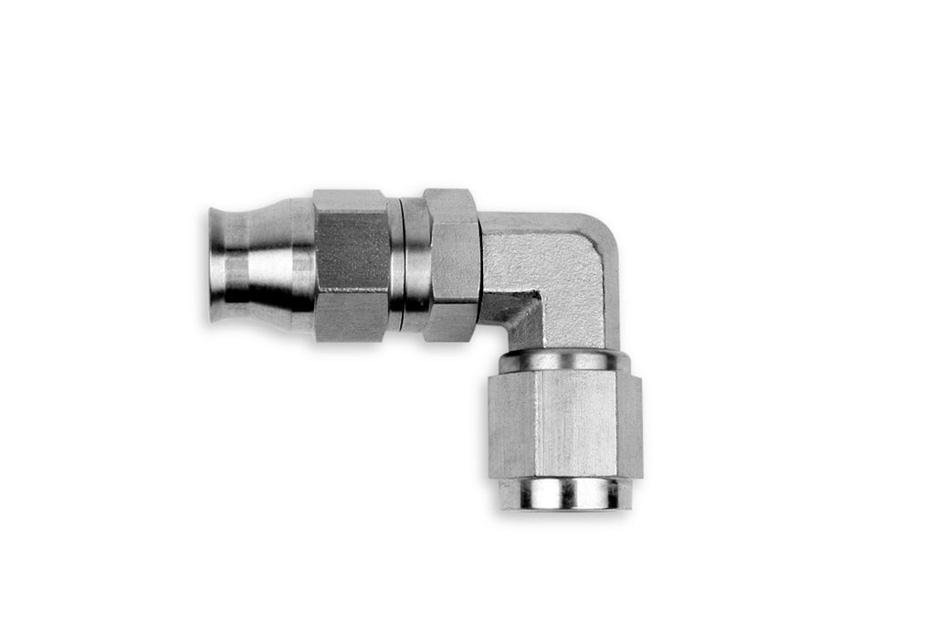 RaceFlux PTFE 90-Degree Double Swivel Hose End Fitting, Stainless Steel, -6AN